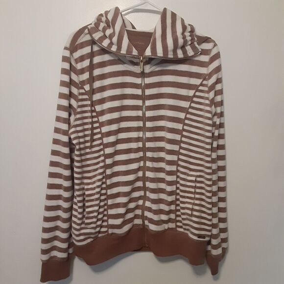 Calvin Klein Velour Striped Zip Hoodie Jacket Women Size L Brown White Full Zip - Picture 1 of 9
